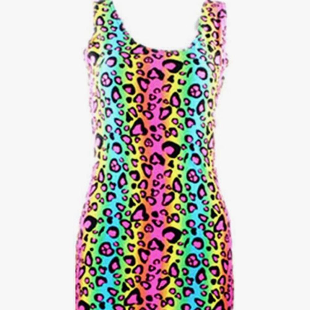 Neon Multi Colored Cheetah Animal Print Tube Bodycon Party Dress, Size S